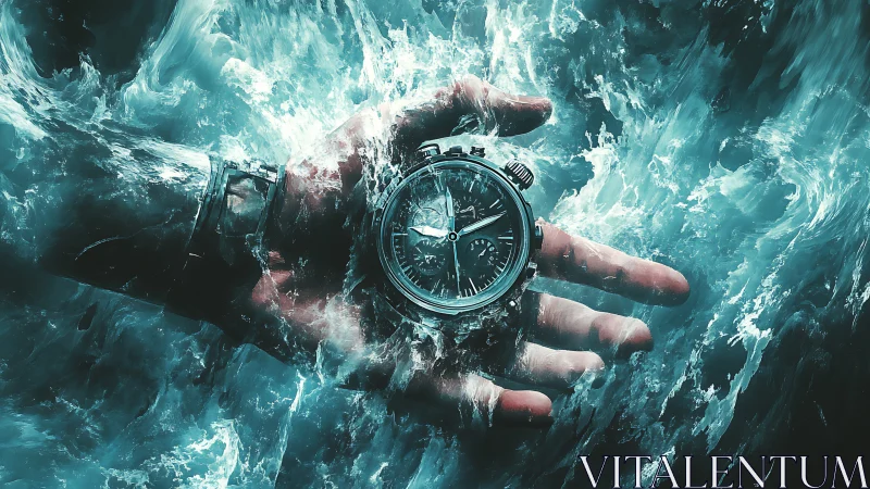 Timepiece held in turbulent teal waters captures frozen motion