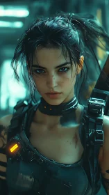 Female combatant in tactical armor stands in dim teal light