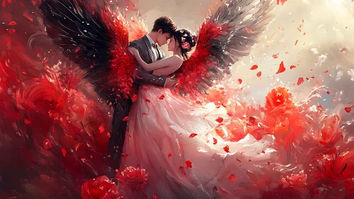 Couple in Formal Attire Surrounded by Red Florals and Particles.