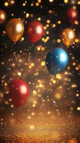 Metallic Balloons Against Bokeh Lights: Warm Gold and Cool Blue Reflections.