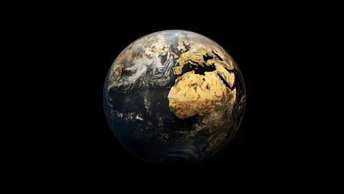 Gold-accented Earth render emphasizes African landmass and cloud strata