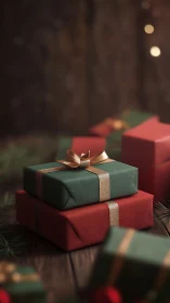 Stacked holiday parcels quietly rehearse midnight magic