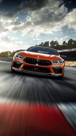 Flame-orange sports coupe devours the racetrack horizon.