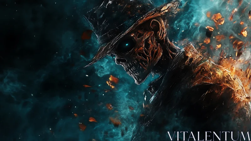 Concept art skeletal gunslinger in ember-torn nebula field.