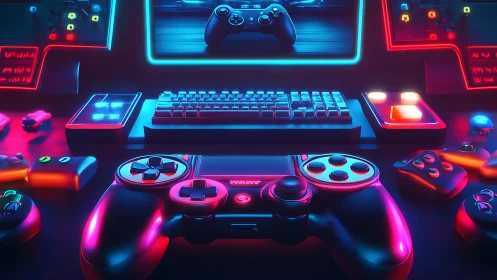 Gaming peripherals arranged before monitor in neon light