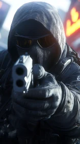 Hooded armed figure in close frontal handgun viewpoint.