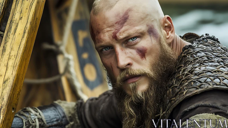 Storm-ready Viking warrior meets the viewer with fierce calm