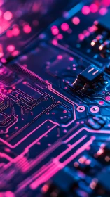 Neon-lit circuit board glows with futuristic cyber energy.