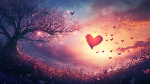 Glowing Heart Floating Through Magenta Sunset Landscape.