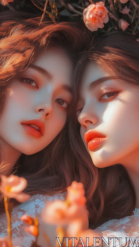 Softly glowing twin portraits wrapped in spring light.