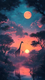 Giraffe stands in glowing twin-moon forest at sunset