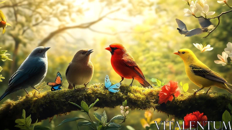 Colorful songbirds and butterflies on a mossy branch, digital art.