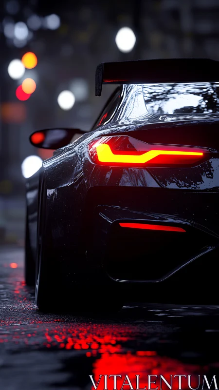 Rear view shows sports car taillights on wet city street