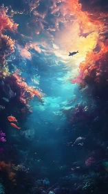 Underwater seascape shows fish silhouettes below glowing surface