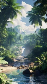 Tropical River Valley: Palm-Framed Waterway Through Lush Rainforest.