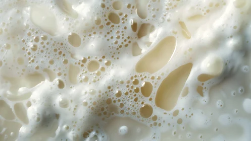Close view of foamy liquid surface with varying bubbles.