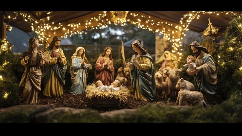 Illuminated nativity scene with figurines and warm garlands.
