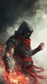 Hooded fire mage gathering quiet power in swirling smoke.