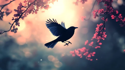 Silhouette of Bird in Flight Among Blossoms, Dreamy Sunset Scene.