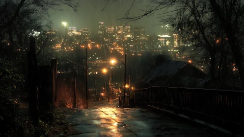 Rainy hillside path glowing toward the distant city lights.