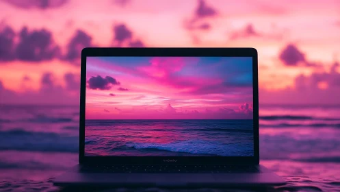 Spectral laptop display aligning seascape and real horizon.