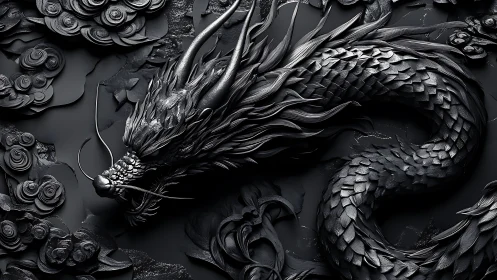 Monochrome draconic bas relief with intricate scale topology.
