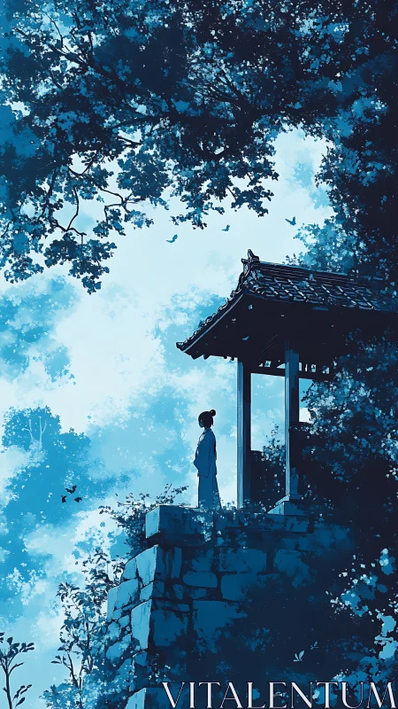 Solitary figure beneath forest canopy at cliffside pavilion.