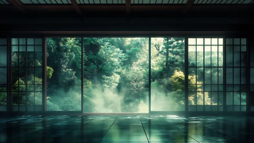 Forest mist leans into a tranquil tatami hall of quiet light