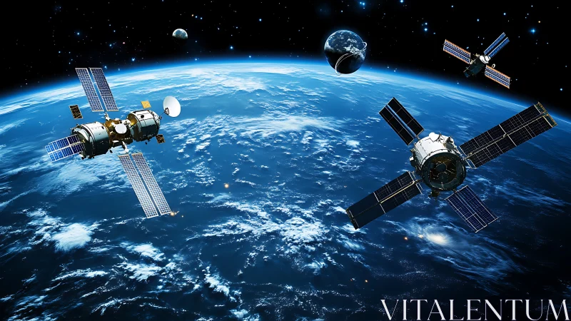 Orbital communication satellites above Earth in vivid low orbit.