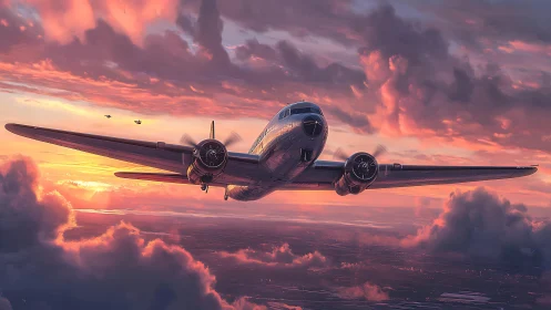 Twin engine prop airliner flies toward viewer at sunset sky