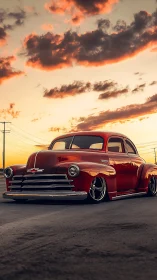 Classic red Chevrolet gleams under a dramatic sunset sky