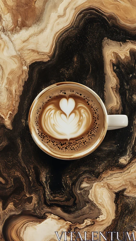 Latte art heart in white cup on marbled coffee surface