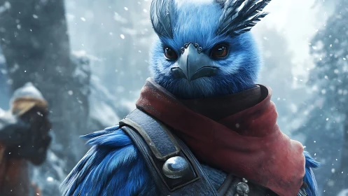 Blue Warrior Bird in Snowy Forest, Fantasy Digital Art Portrait.