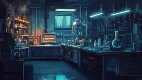 Futuristic laboratory glows under cool neon industrial lights