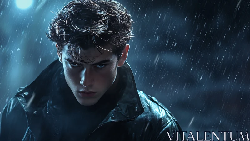 Brooding young man in rain under moody cinematic light.