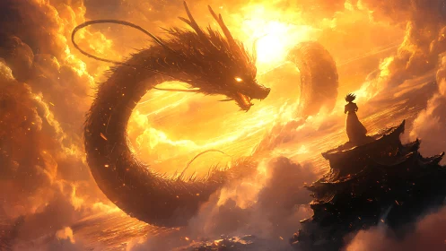 Sunlit sky dragon meeting a lone dreamer above the clouds.