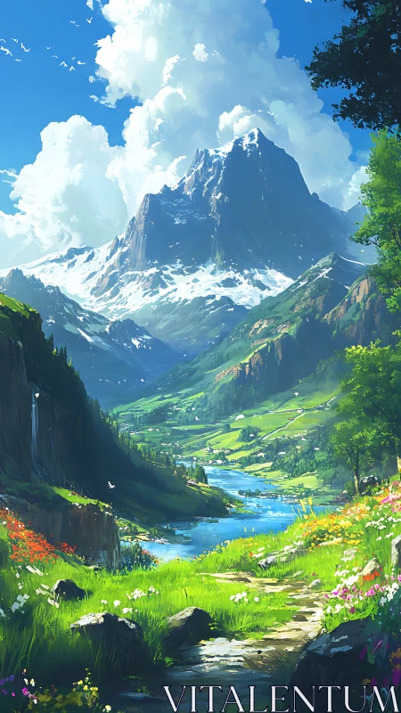 Sunlit mountain valley path winding toward a quiet blue river.