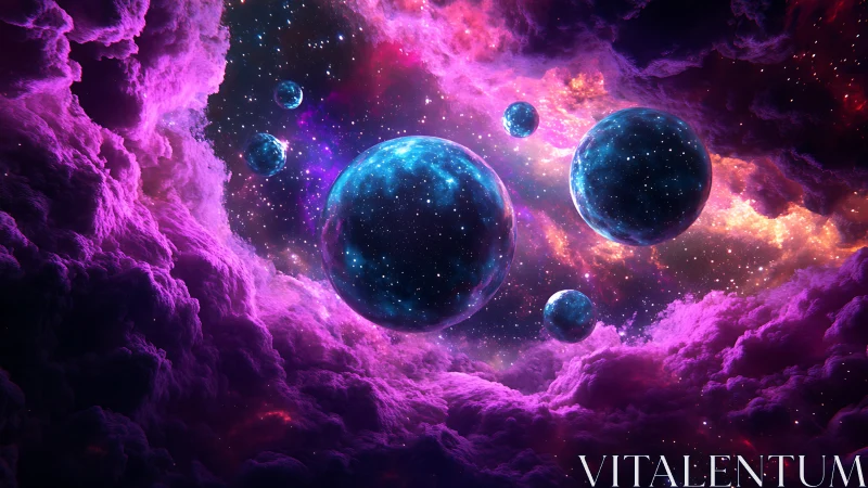 Cosmic nebula cradles glowing blue planets in deep space.