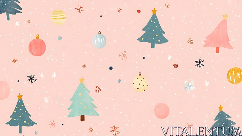 Flat pastel Christmas trees and ornaments on soft pink ground