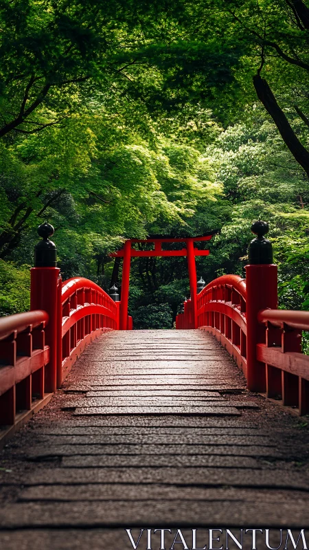 Crimson shrine bridge beckons beneath a luminous green canopy.