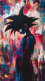 Silhouetted anime boy within abstract neon paint field.