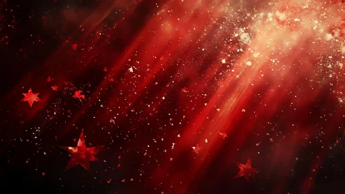 Abstract Red Starry Background with Light Rays and Sparkles.