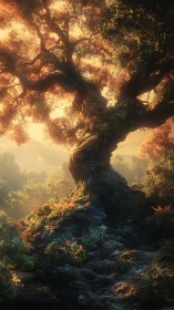 Ancient forest tree glows softly in golden sunrise mist