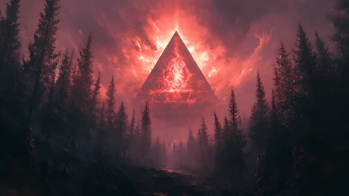Glowing crimson pyramid rising above a dark misty forest.