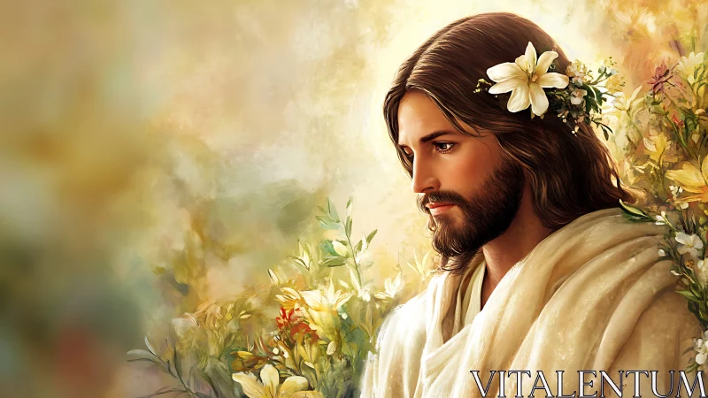Serene robed figure in floral halo rendered as digital painting