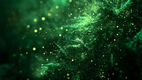 Abstract green particle swirl in digital fractal style background.