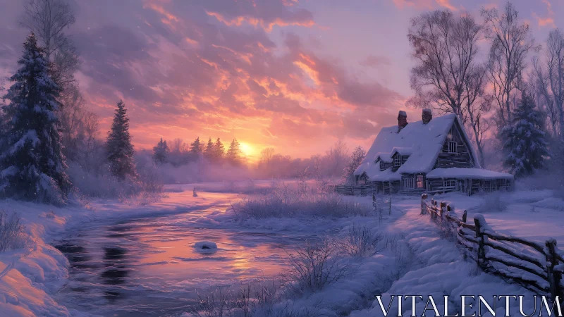 Soft winter sunrise warms a quiet snowy riverside home