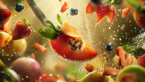 Juicy strawberries dance in a sparkling burst of sunshine.