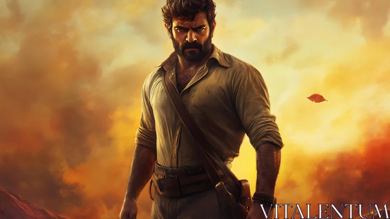 Determined adventurer stands against a blazing stormy sky