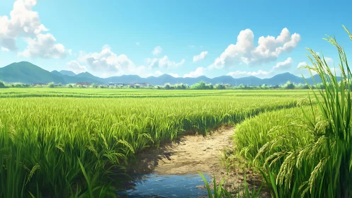 Sunlit rice fields with distant village and blue mountains.